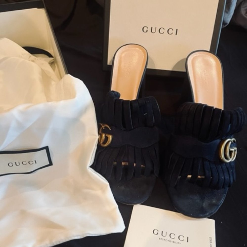 Gucci Marmont GG Suede Fringe Mules - Authentic